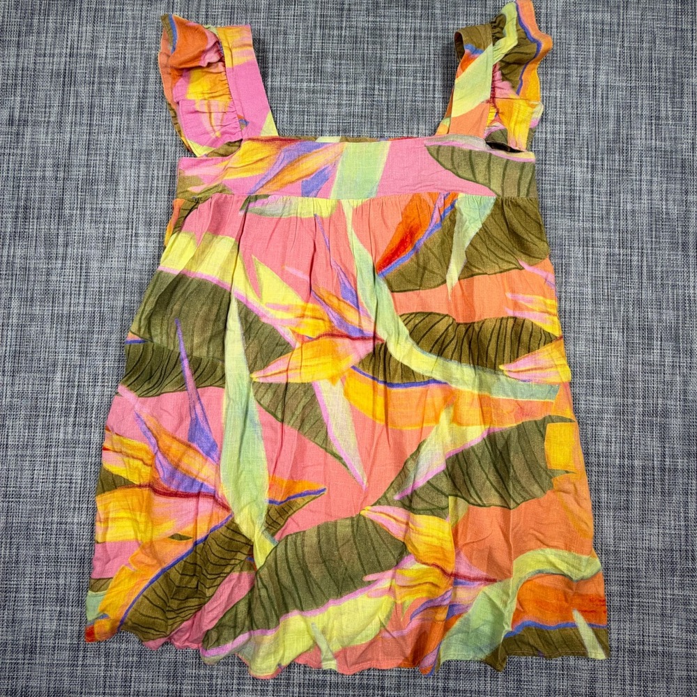 Kourt Women Dress XL Multicolor Floral Rayon Linen Sleeveless Square Neck Ruffle